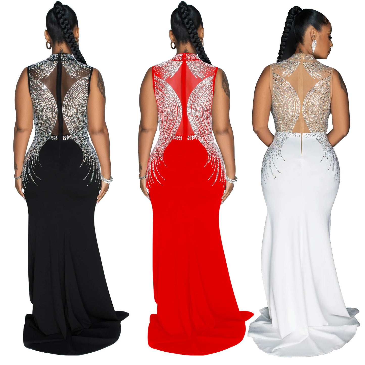 Women's Wear Pure Color Mesh Hot Drilling Split Dresses