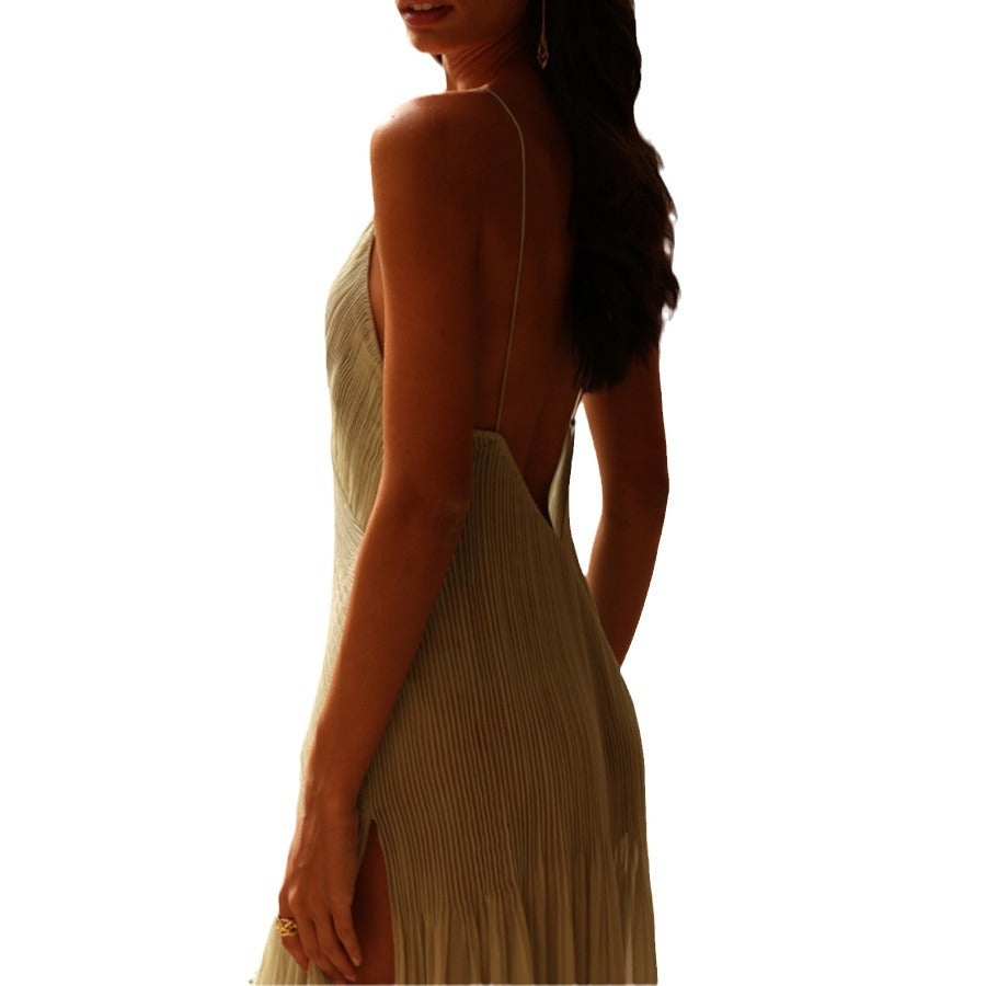 Pleated Sling Dress Leisure Vacation Loose Dresses