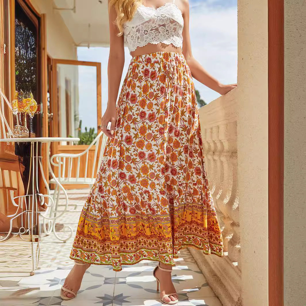 Bohemian Rayon Breasted Split Idyllic Retro Vacation Skirts