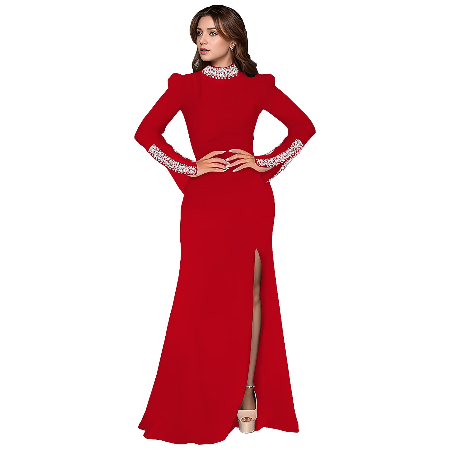 Women's Wear Solid Color Long Sleeve Rhinestone Dresses
