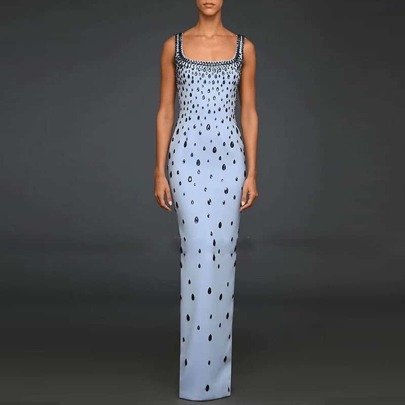 Fashion Bead Diamond Stretch Long Gown Dress