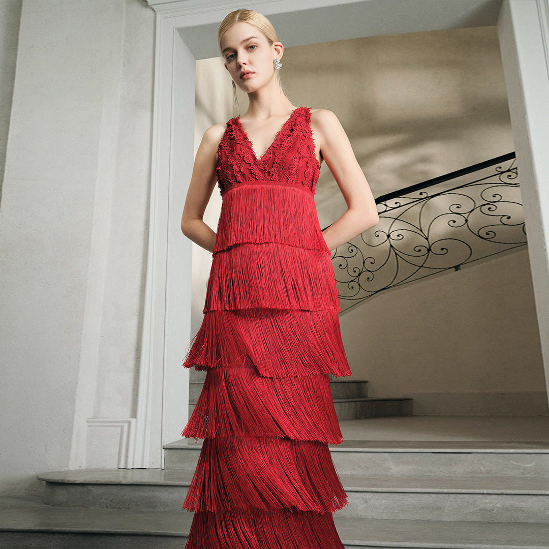 Women's Red Lace Decorated Bandage One-piece Tassel Layered Mid-length Dress