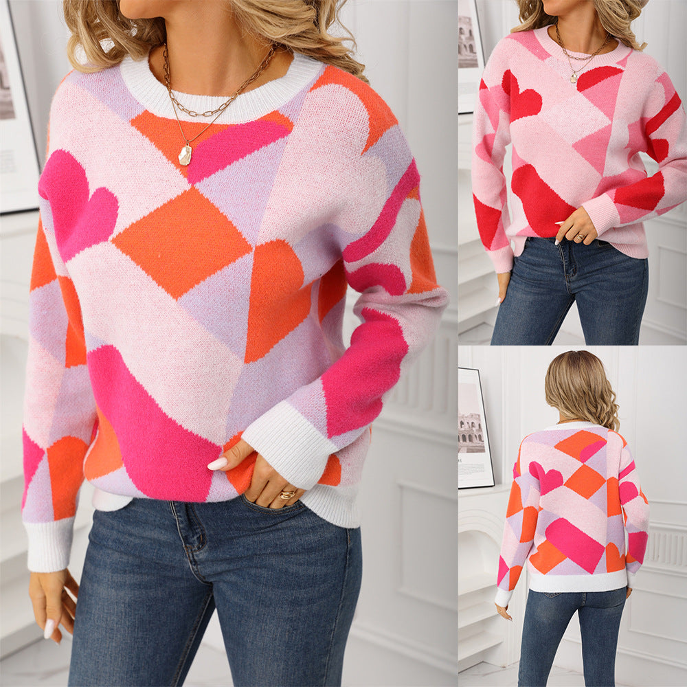 Round Neck Knitted Chessboard Plaid Love Sweater
