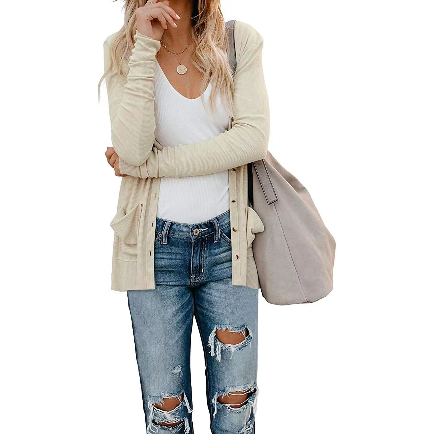 Women's Spring Loose Long Sleeve Rib Button Cardigans