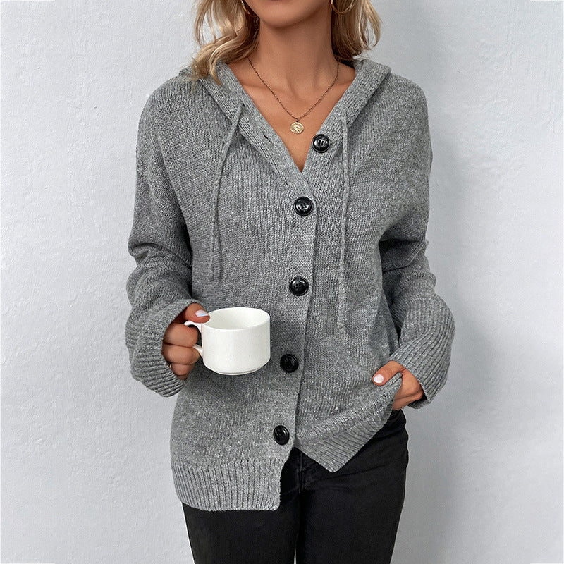 Women's Solid Color Hooded Single-breasted Drawstring Knitted Coats