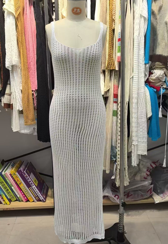 Color Split Backless Knitted Sling Outer Dresses