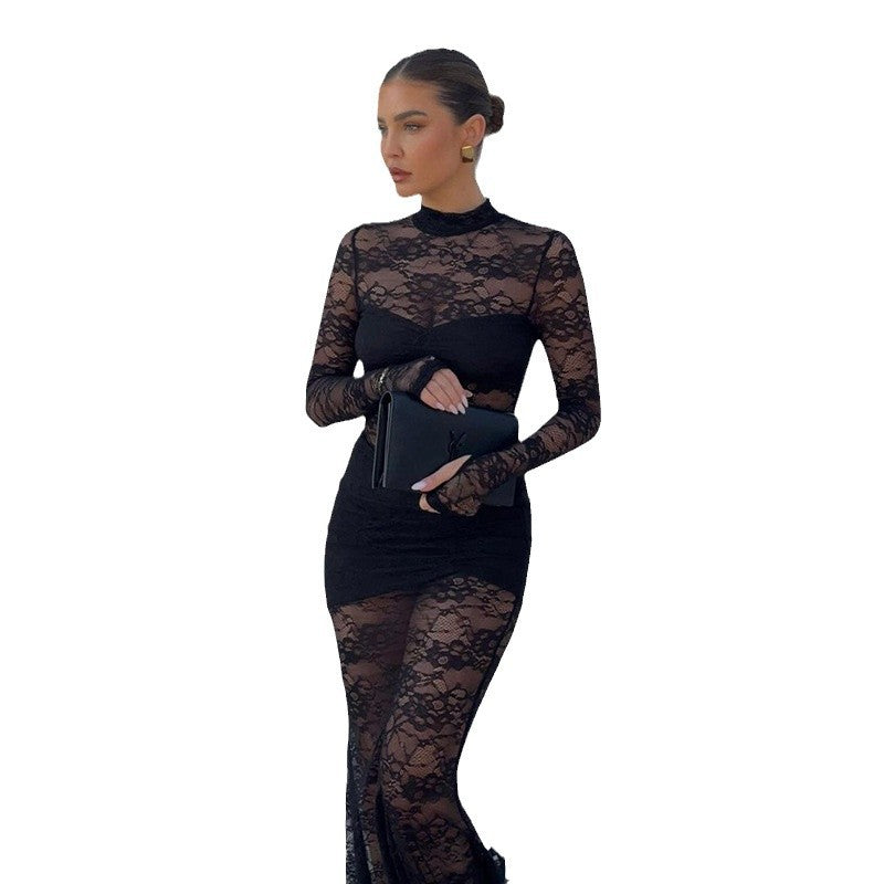 Hot Style Jacquard Lace Half Turtleneck Long Dress