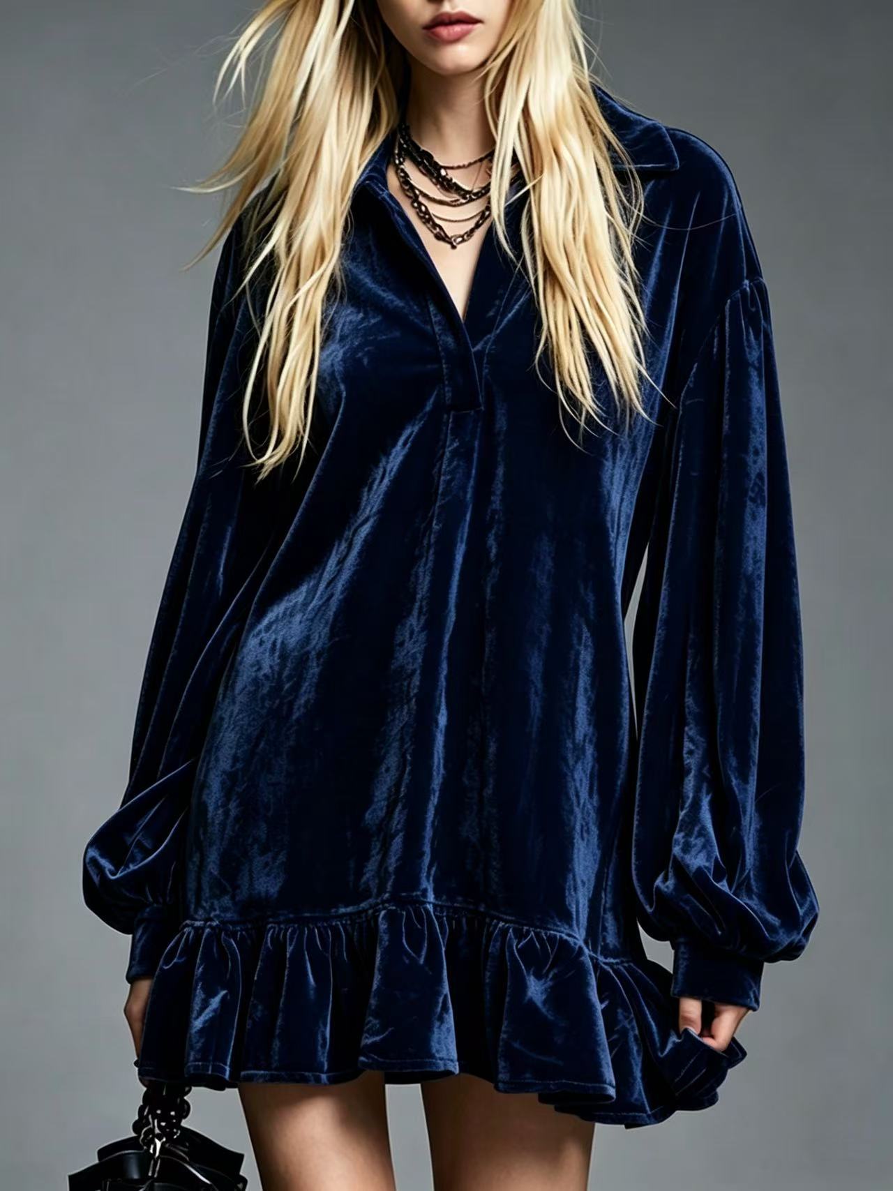 Women's Gentle Veet Lantern Sleeve Ruffled Lapel Dress