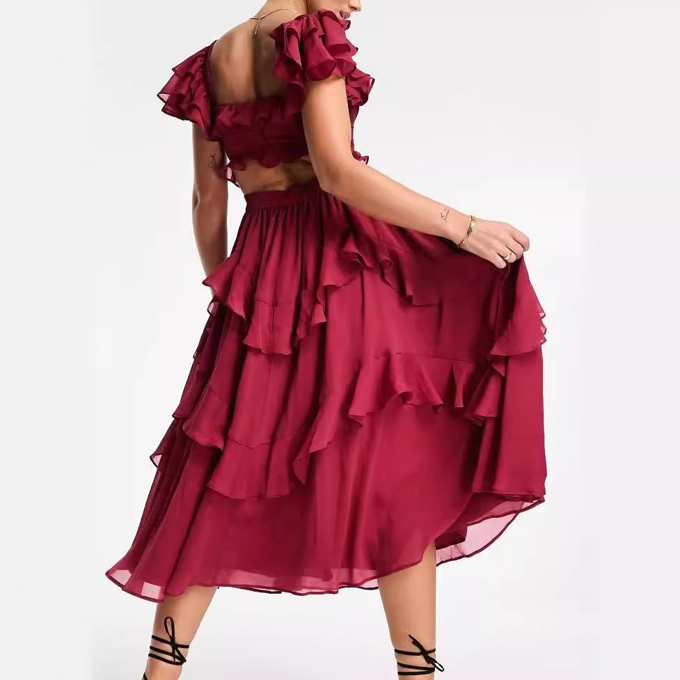 Holiday Lace Backless Cake Ruffled Pleated Dress