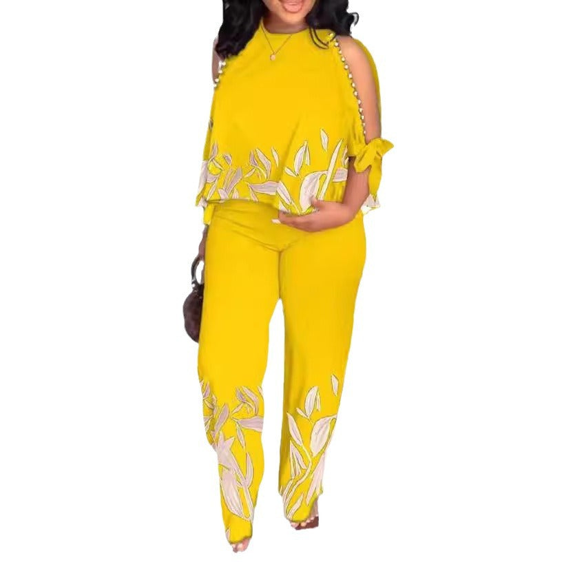 Women's Neck Bead Raglan Sleeve T-shirt Trousers Suits