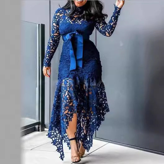 Women's Lace Hollow Out Long Sleeve Stand-up Collar Tie Dresses