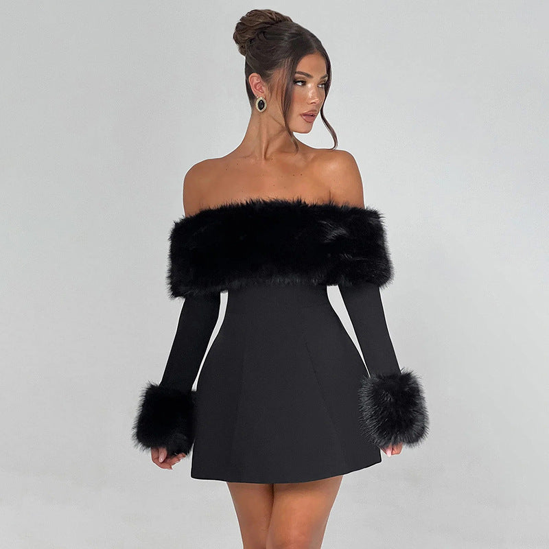 Women's Fur Collar Sexy Long Sleeve Slim Fit Slimming Dress