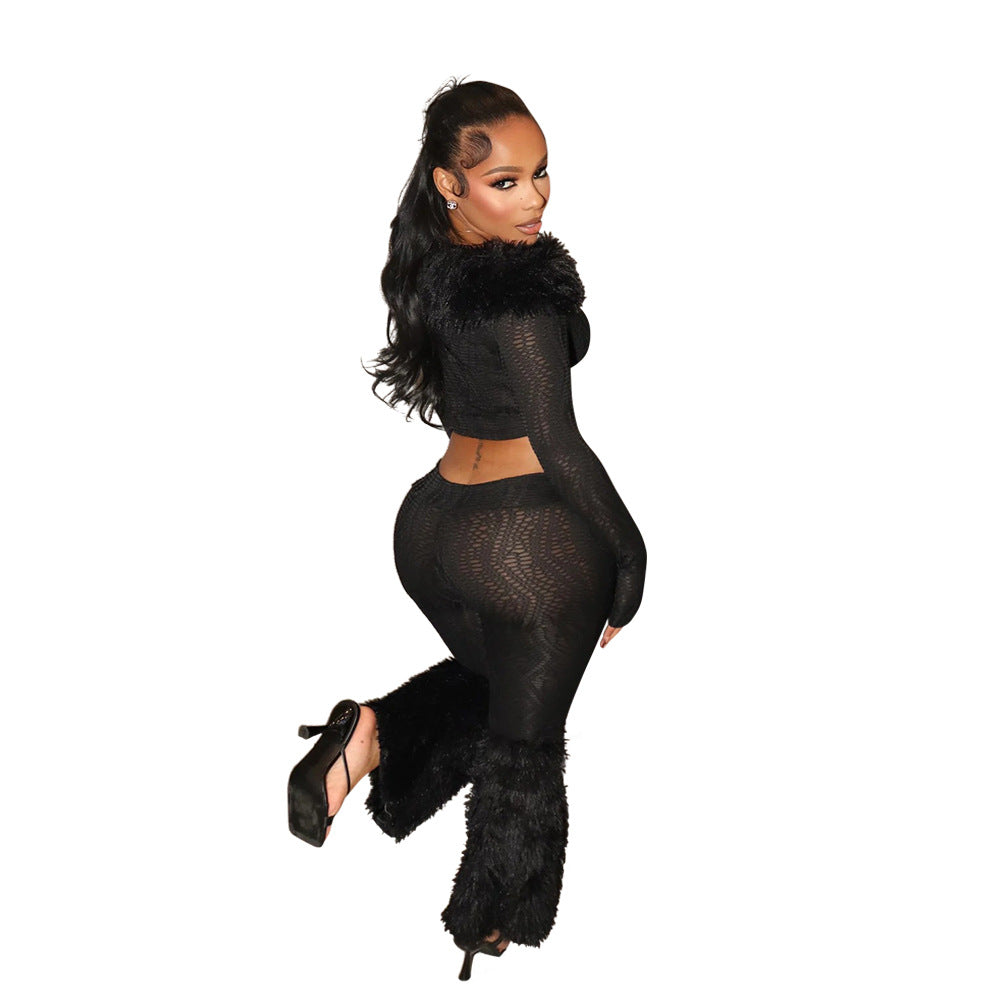 Long Sleeve Trousers Furry Two-piece Set Tops