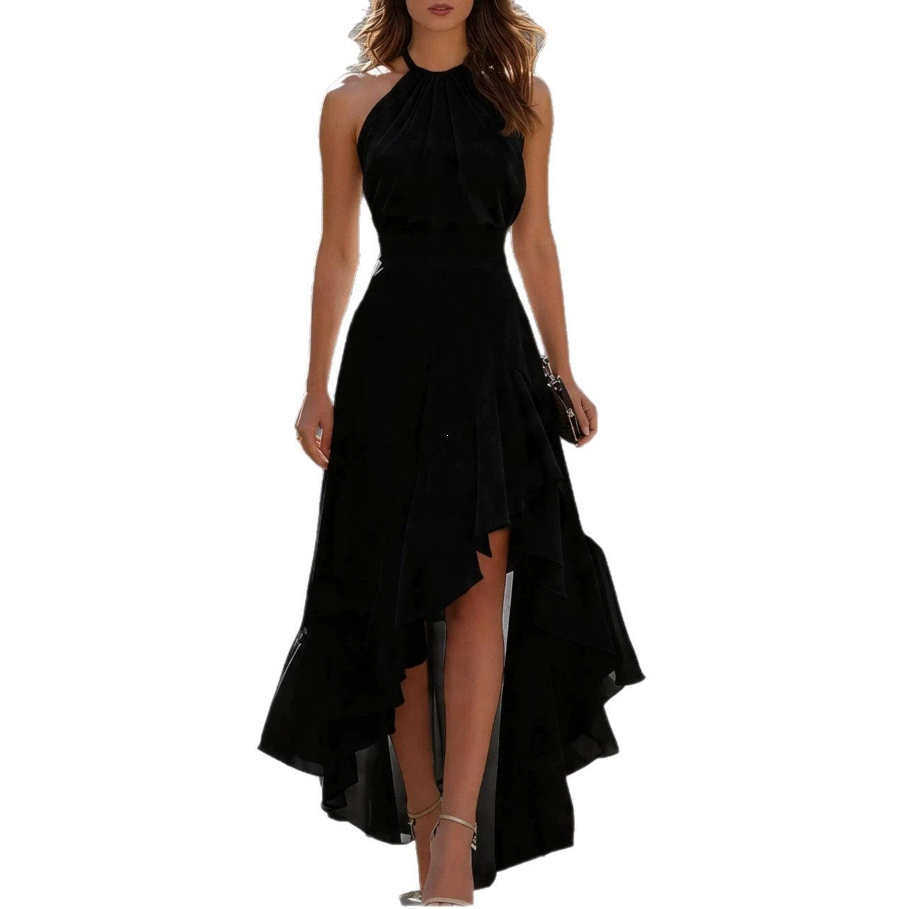 Women's Sleeveless Halter Waist Irregular Ruffled Dress