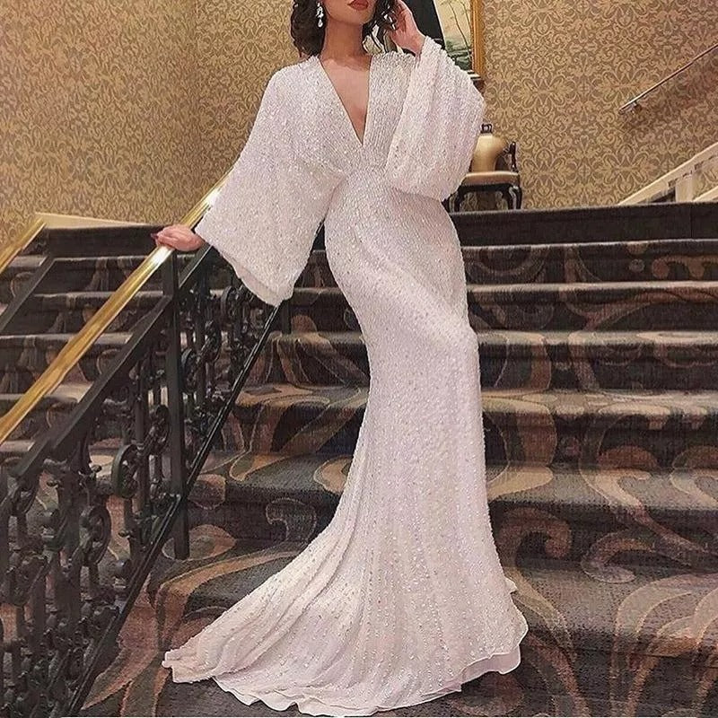 Long Sleeve Sequin Formal Dress Fishtail Wedding Dresses