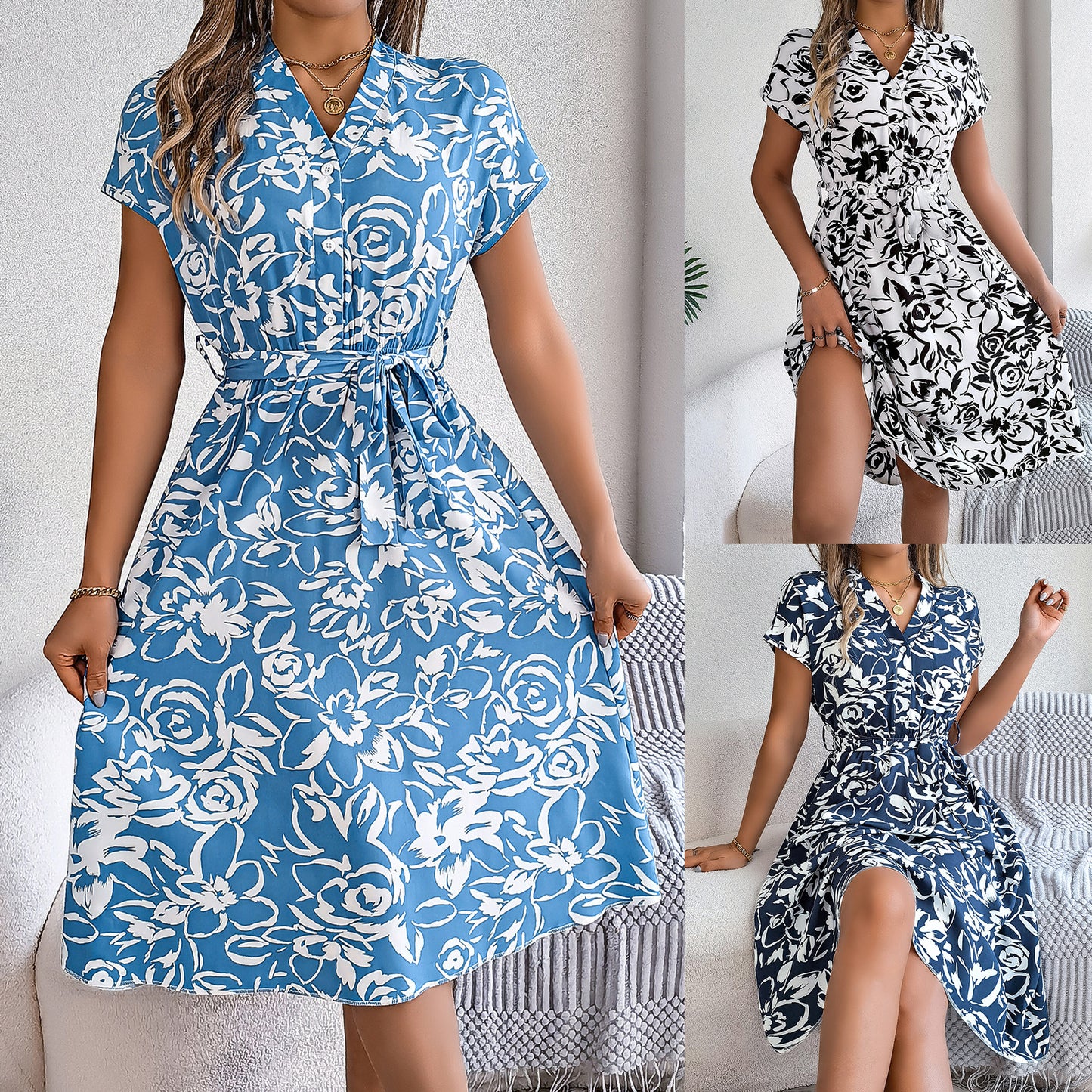 Women's Casual Button Batwing Sleeve Flower Swing Dress
