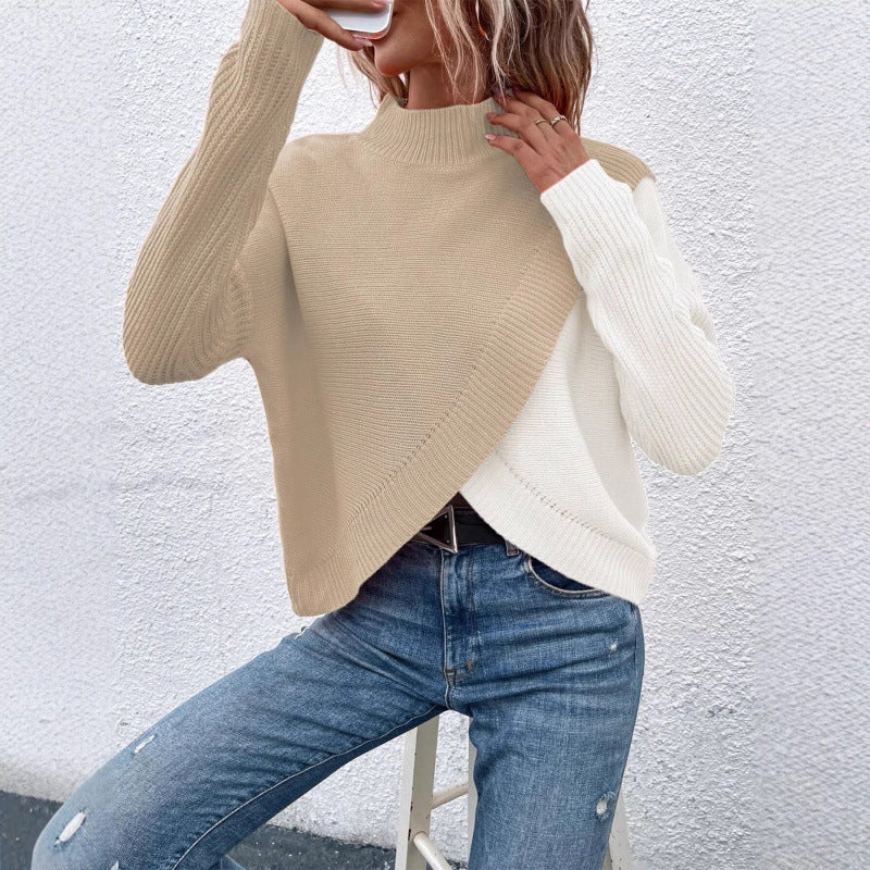 Women's Turtleneck Knitted Asymmetric Cross Hem Loose Slimming Long Sweaters