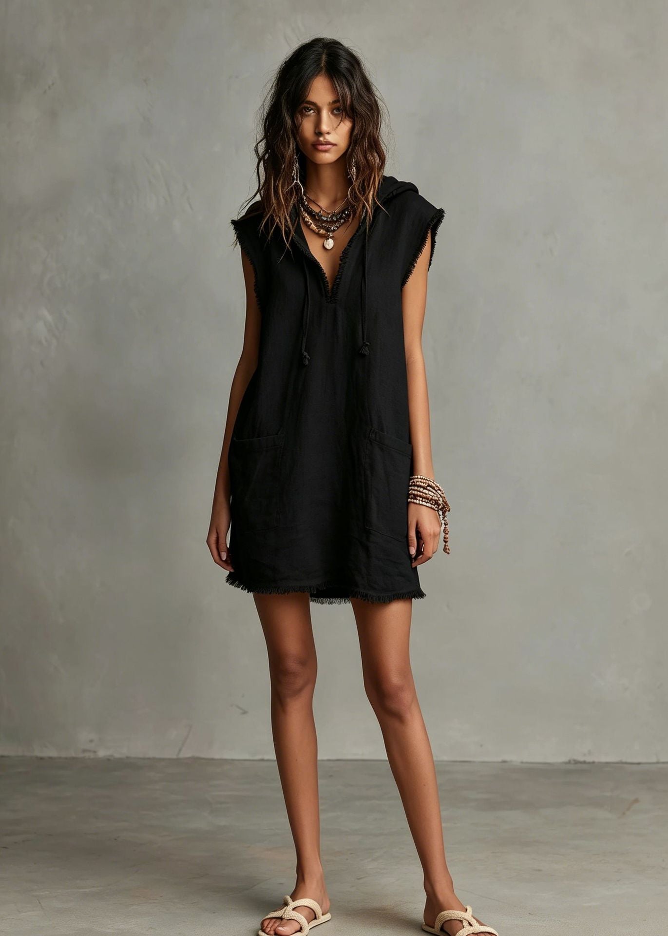 Women's Minimalist Linen Blended Mini Hooded Sleeveless Frayed Dress