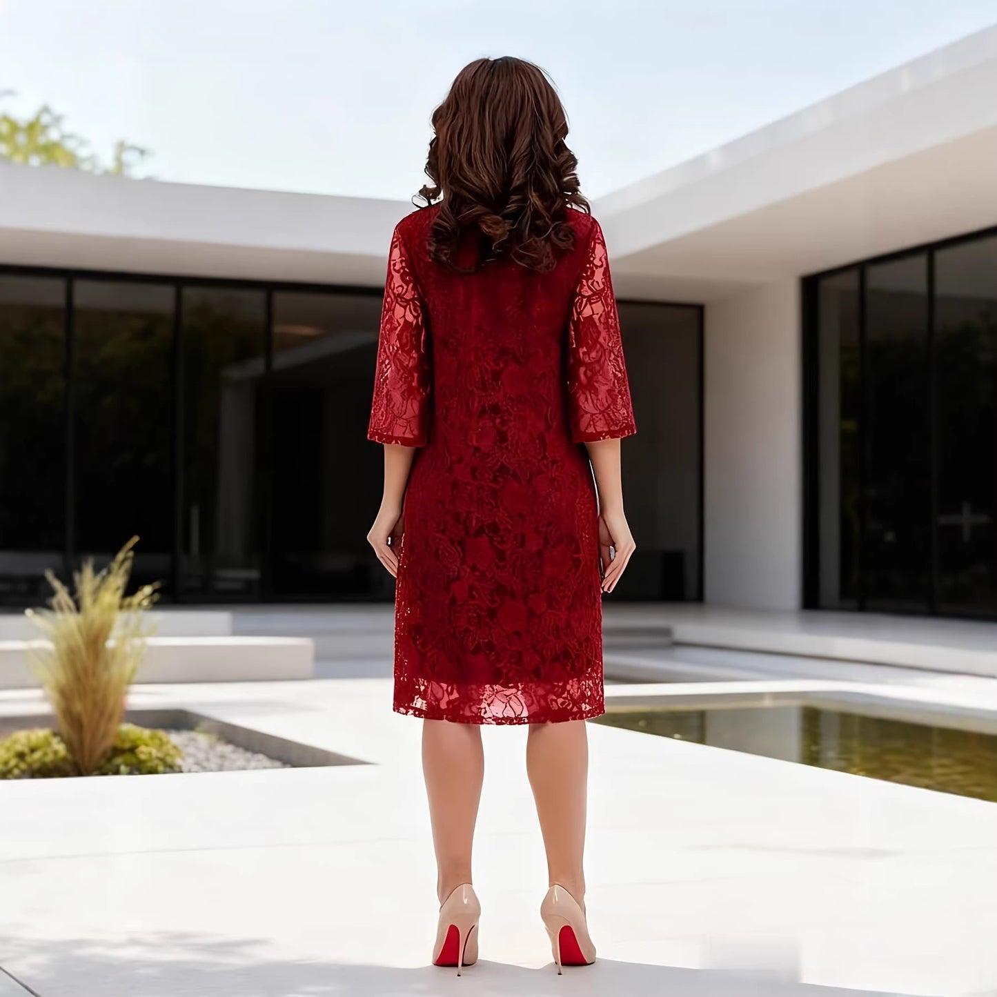 Three-quarter Sleeve Round Neck Fashionable Elegant Solid Dress