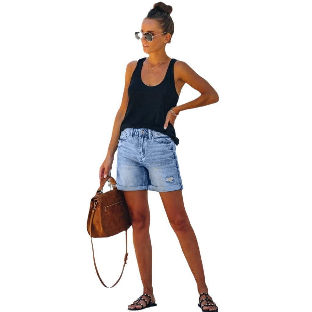 Women's Waist Tassel Ripped Denim Hot Straight Shorts