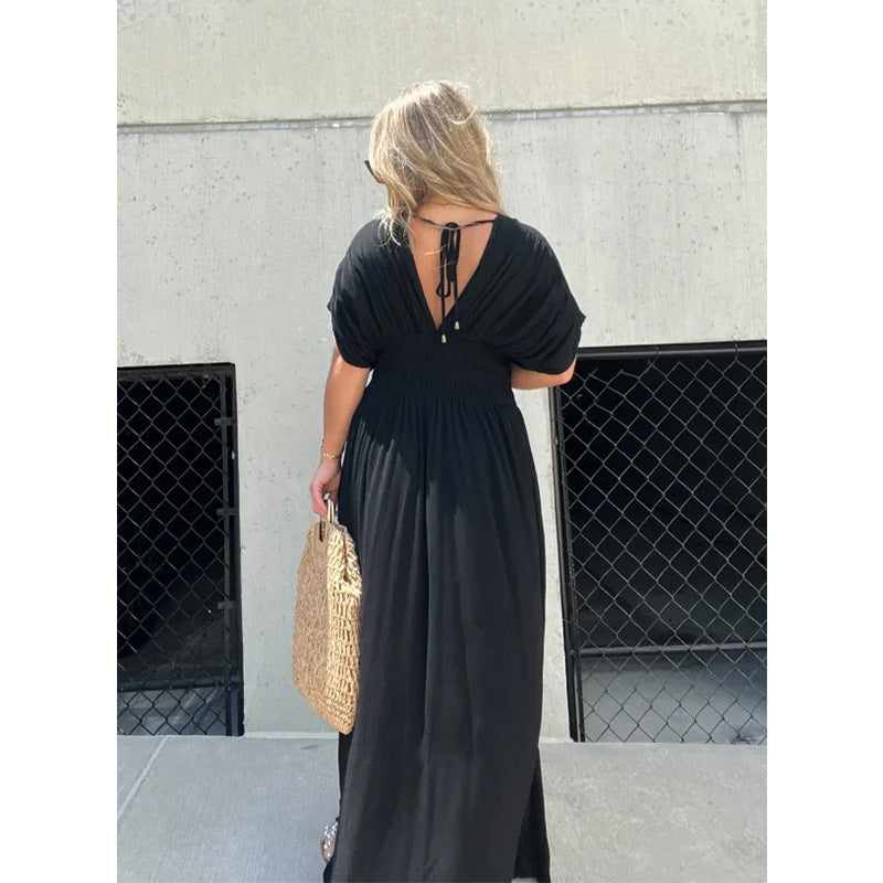 Color Bat Sleeve Elastic Waisted Slimming Dresses