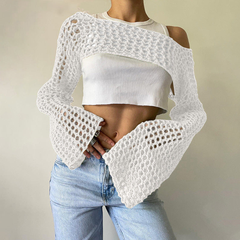 Women's Crochet Casual Bell Sleeve Sexy Mesh Women's Sweater