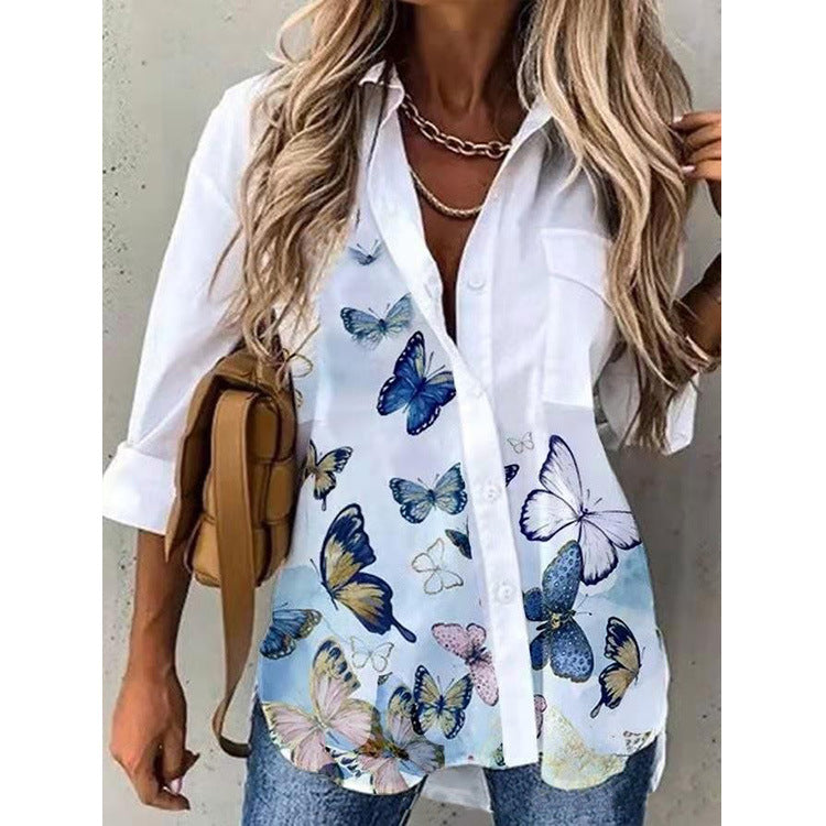 Women's Fashion Digital Printing Long Sleeve Shirt Blouses