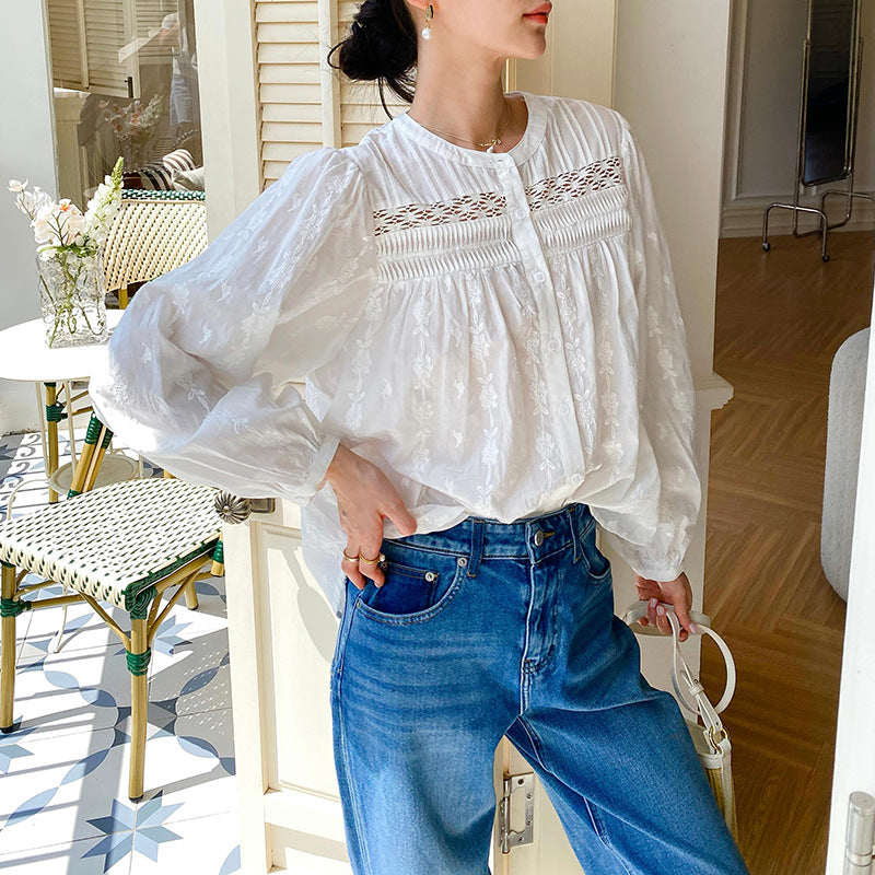 Women's Embroidery White Shirt Long Sleeve Stylish Blouses