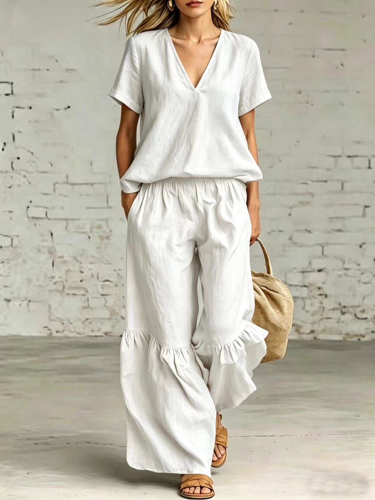 Women's Solid Color Loose Short-sleeved Trousers Two-piece Fashion Casual Suit