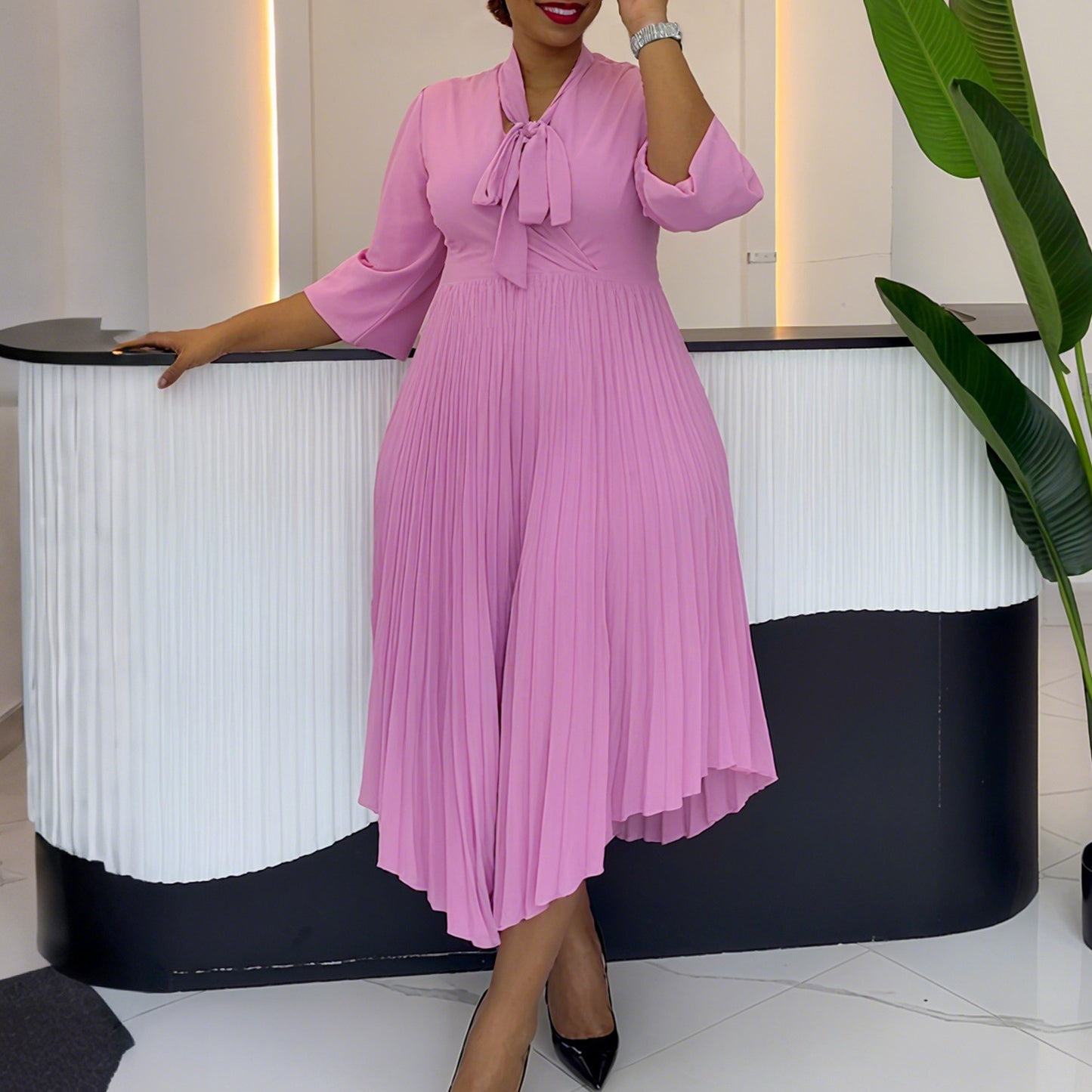 Three-quarter Sleeve Elegant Fashionable Asymmetric Pleated Skirts