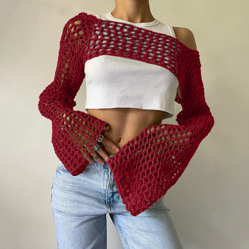 Women's Crochet Casual Bell Sleeve Sexy Mesh Women's Sweater