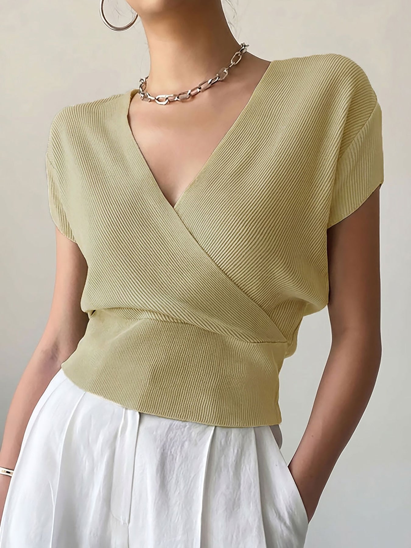 Women's Color With Cross Collar On Both Sides Easy Matching Waisted Women's Sweater