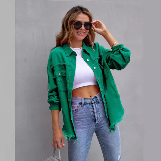 Women's Solid Color Single-breasted Washed Casual Denim Blouses