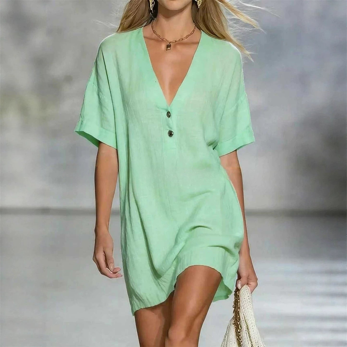 Women's Fashion Sleeve Solid Color Casual Button Dress
