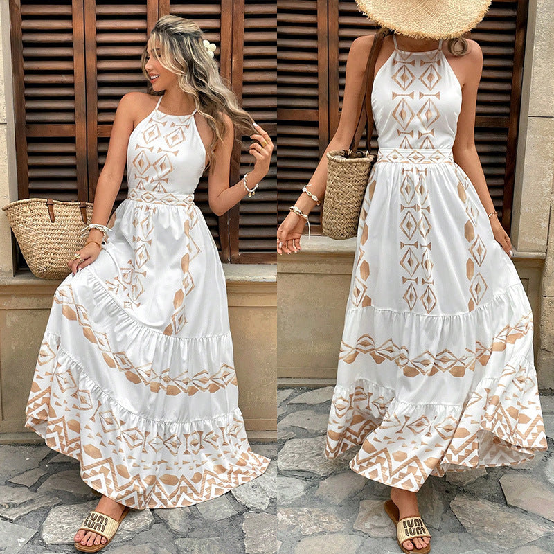 Suspender Waist White Temperament Vacation Style Dress