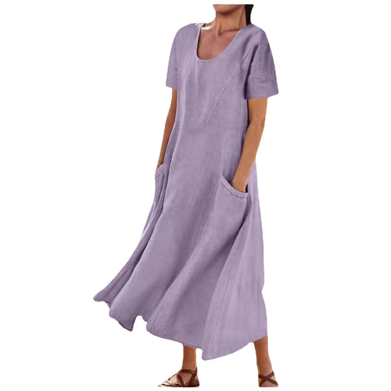 Women's Summer Solid Color Cotton Linen Pocket Dresses