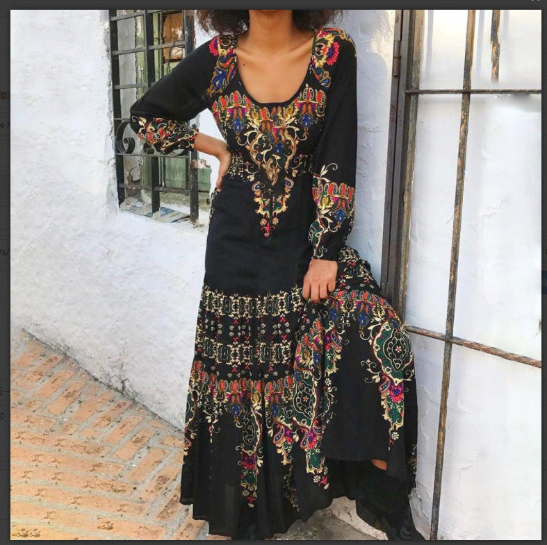 Stylish Printed Long Stitching Long-sleeved Dress Dresses