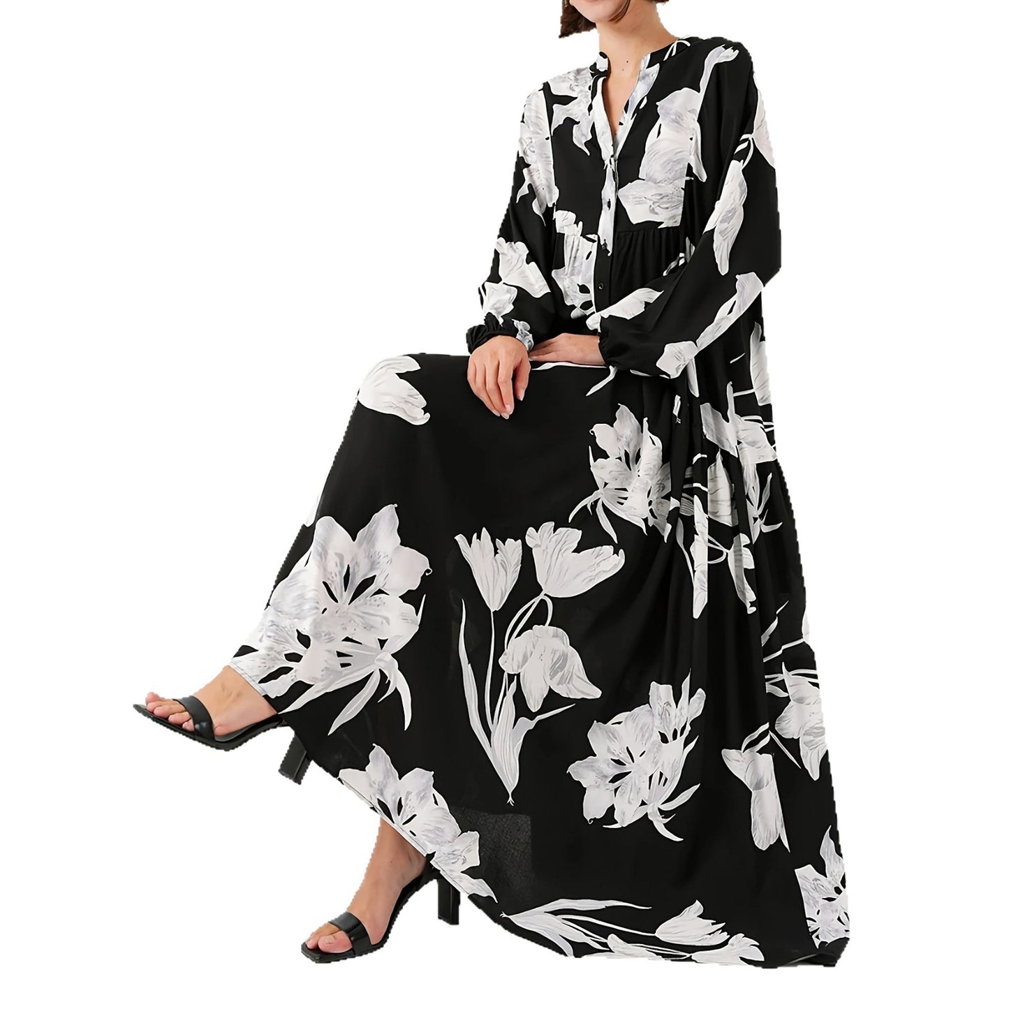 Graceful Noble Robe Flower Long Shirt Dress