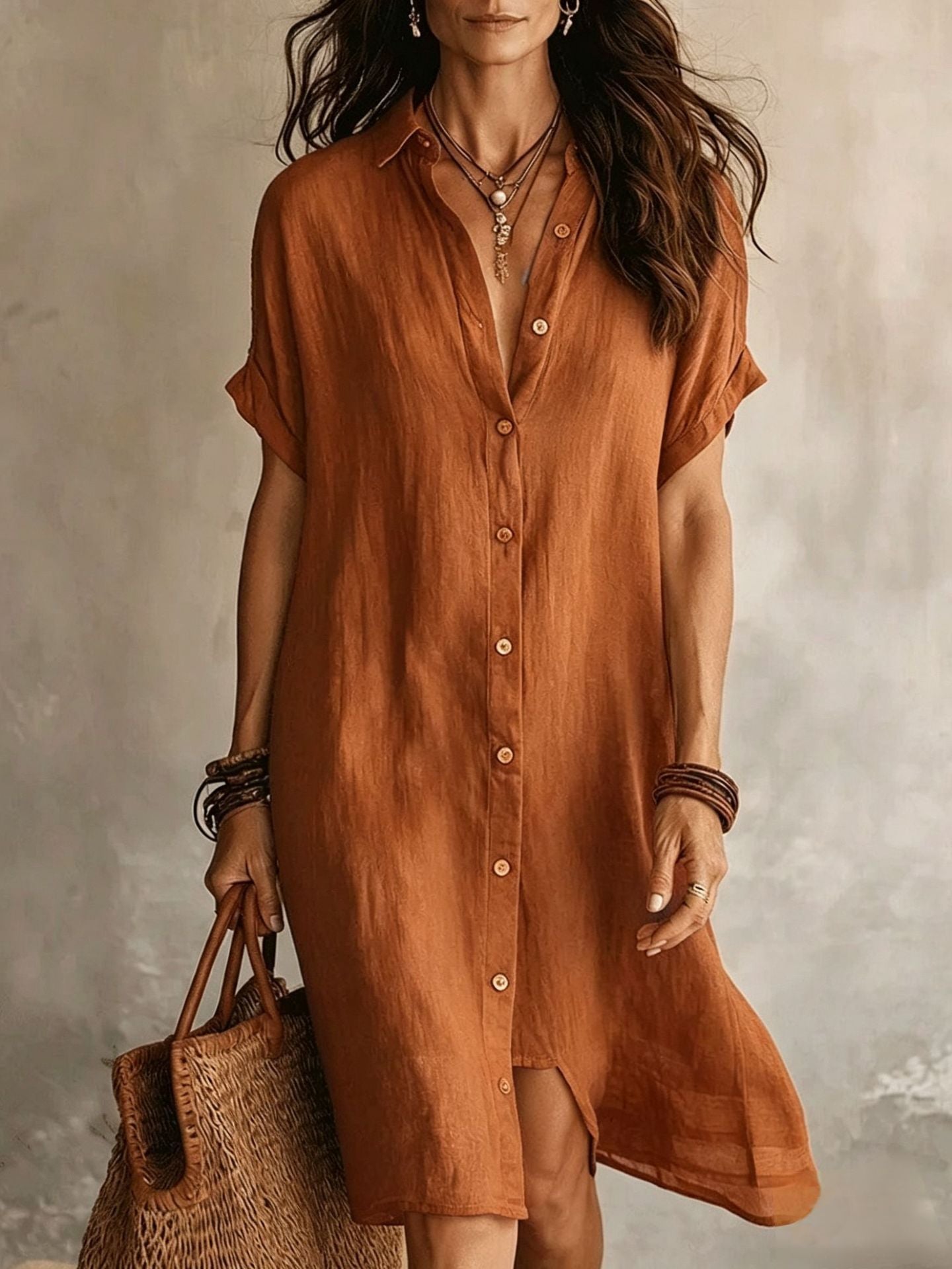 Cotton Linen Shirt Fashion Casual Short-sleeved Dress