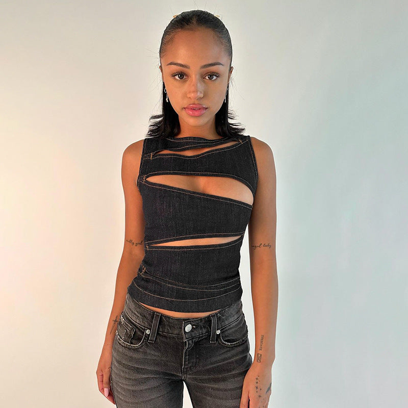 Women's Summer Hot Sexy Cutout Imitation Denim Tops