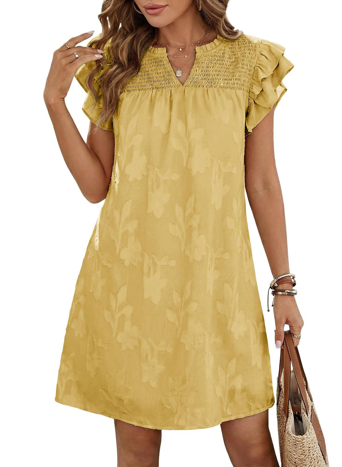Women's Summer Double Ruffled Sleeves Pleating Floral Dress