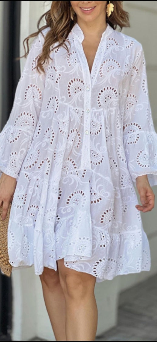 Color Loose Embroidered Cutout Lace Flower Dresses