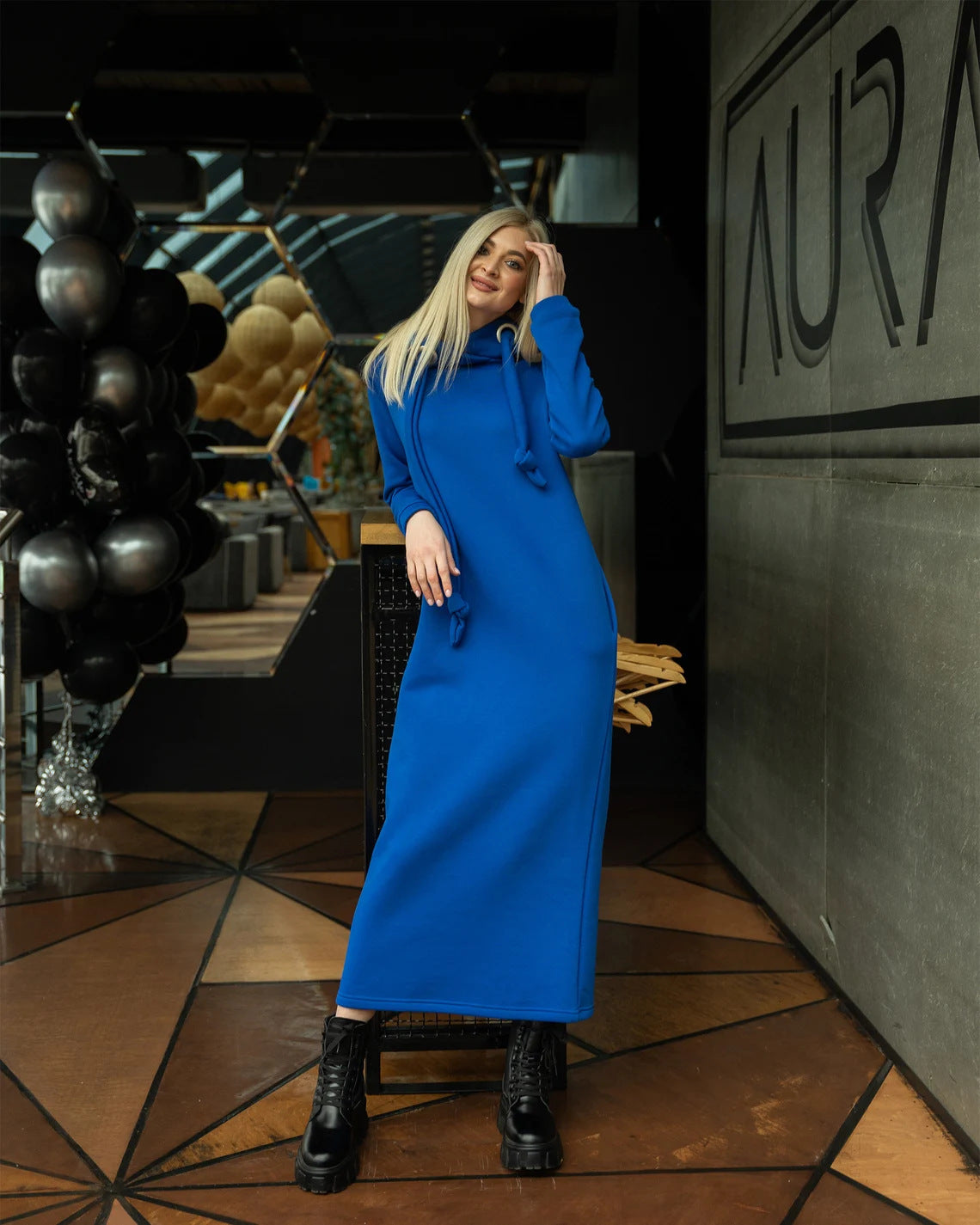 Oversized Knit Hooded Brushed Hoody Casual Fashion Stitching Dress