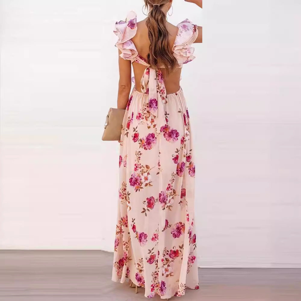 Women's Clothes Flower Print Stitching Backless Summer Dresses