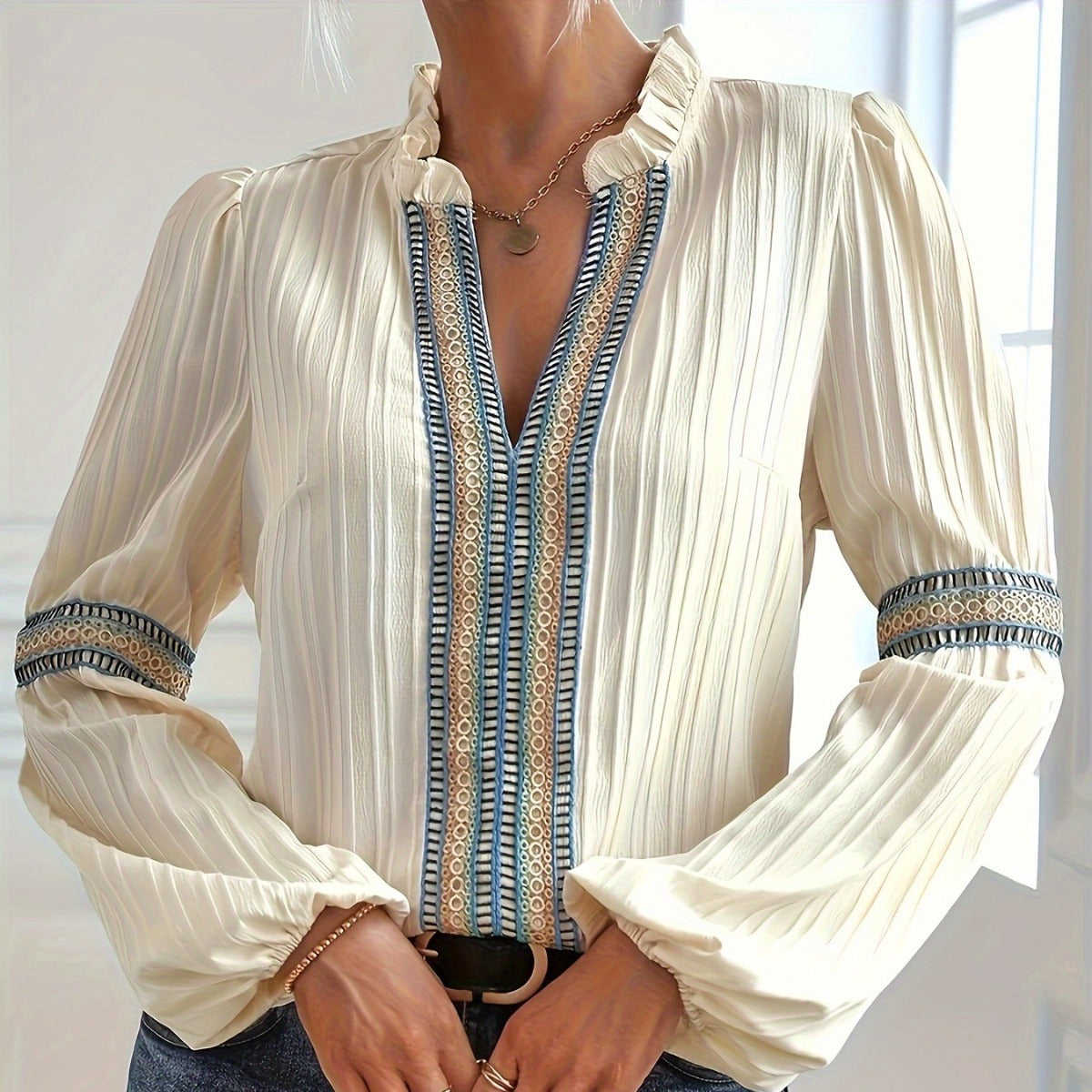 Sleeve Loose Simple Plain Lace Patchwork Blouses
