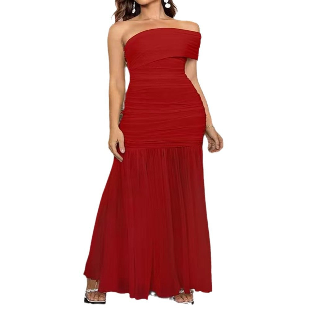 Summer Solid Color Oblique Shoulder Split Dress