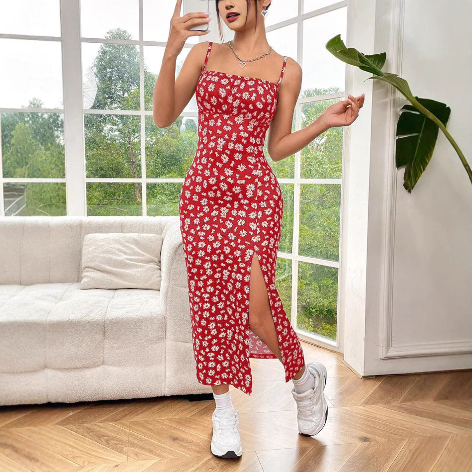 Autumn Spaghetti Straps Chest Wrap High Slit Little Daisy Leopard Dress