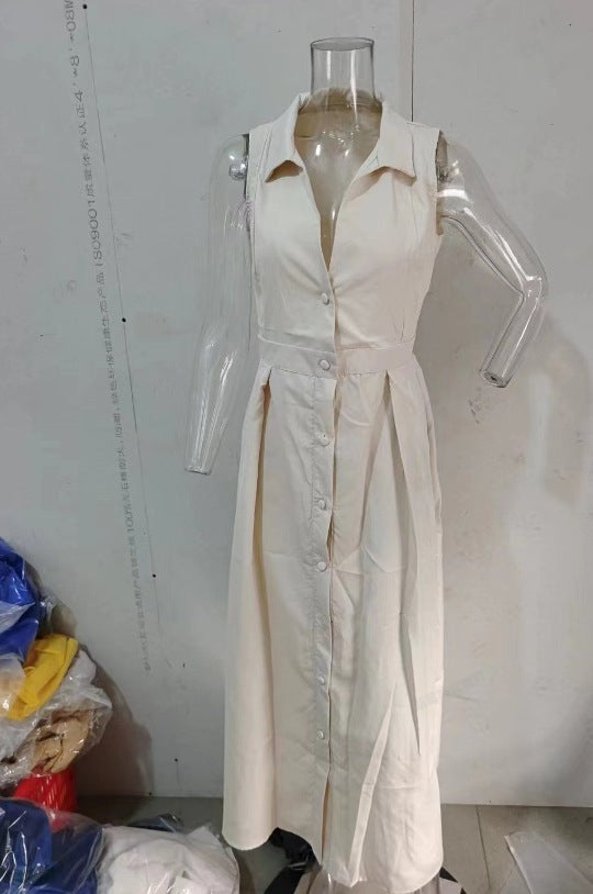 Autumn Solid Color Polo Collar Pleated Long Dresses