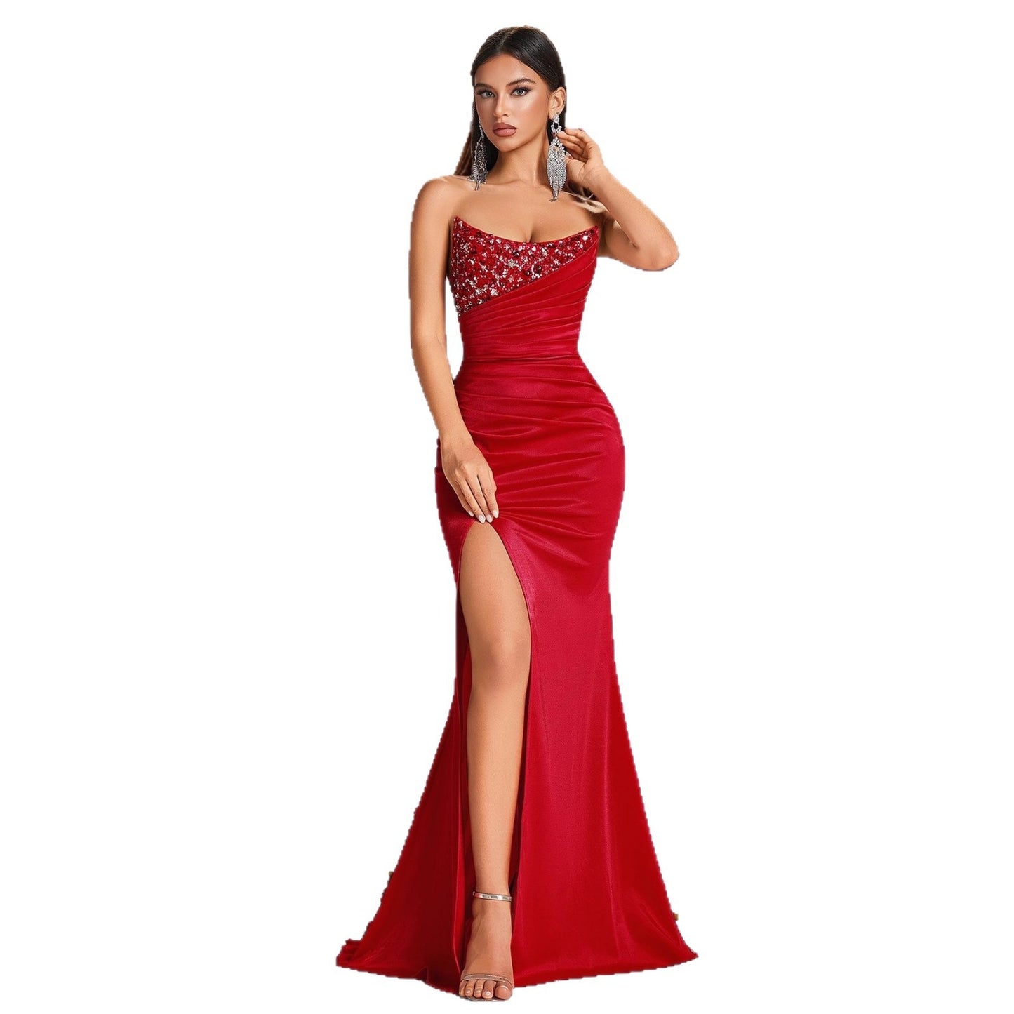 Pure Color Sequined Rhinestone Slit Banquet Dress