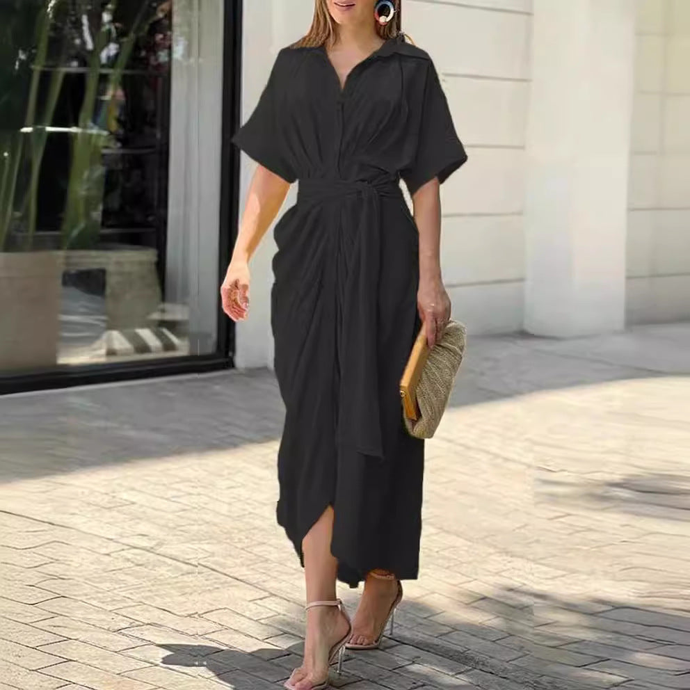Women's Mid-length Sleeve Single-breasted High Waist Shirt Dresses